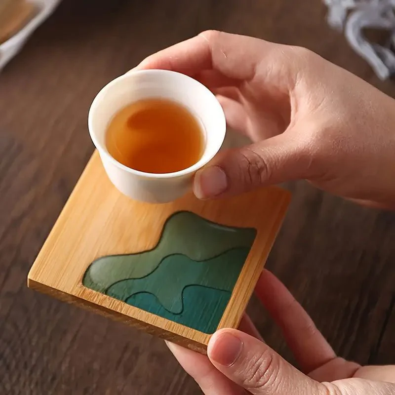 Resin Art - Wooden Bamboo Square Coaster with River Design 9.1cm x 9.1cm x 1